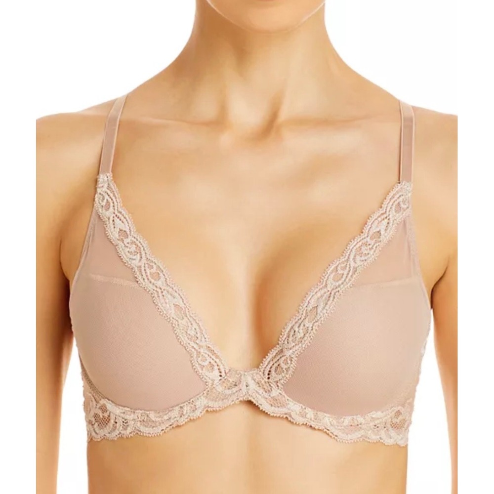 Natori‎ Feathers Contour Plunge Bra 32G Cosmetic Beige Lace Underwire 730023 NEW